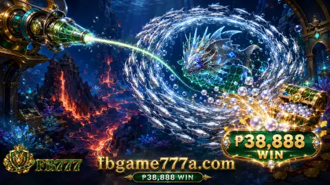 Swordfish moving horizontally through layered emerald underwater scenery in the FB777 fishing feature