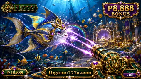 Golden koi circling through warm emerald water and palace-style underwater architecture in FB777 fishing