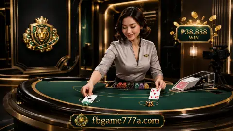 Blackjack cards and chips arranged across a compact emerald table in the FB777 live casino feature