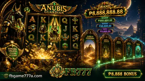 Wide FB777 reel-theatre artwork with emerald symbols, treasure details, drums and tiger-throne imagery