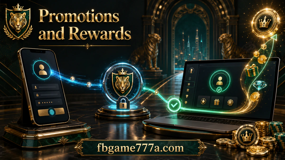 FB777 promotion artwork with an antique-gold reward chest and emerald lighting